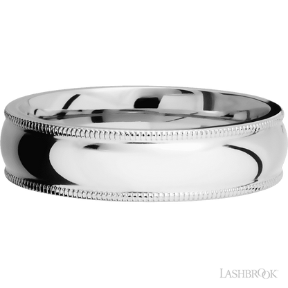 6 mm wide Domed Milgrain Edges 14K White Gold band.