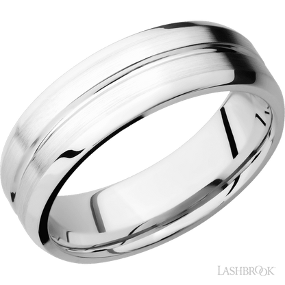 7 mm wide Beveled with Center Accent Groove 14K White Gold band.