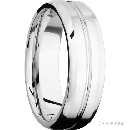 7 mm wide Beveled with Center Accent Groove 14K White Gold band.