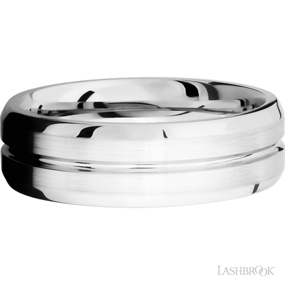 7 mm wide Beveled with Center Accent Groove 14K White Gold band.