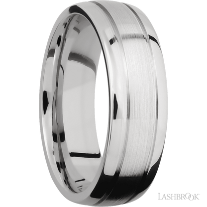 7 mm wide Domed with two accent grooves 14K White Gold band.