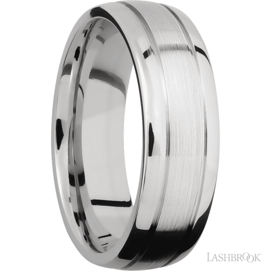 7 mm wide Domed with two accent grooves 14K White Gold band.