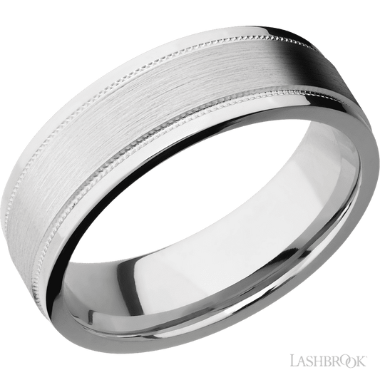 7 mm wide Flat Stepped Edges Milgrain 14K White Gold band.