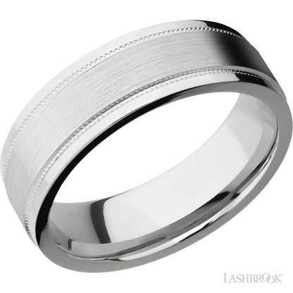 7 mm wide Flat Stepped Edges Milgrain 14K White Gold band.