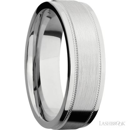 7 mm wide Flat Stepped Edges Milgrain 14K White Gold band.