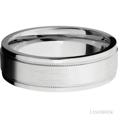 7 mm wide Flat Stepped Edges Milgrain 14K White Gold band.