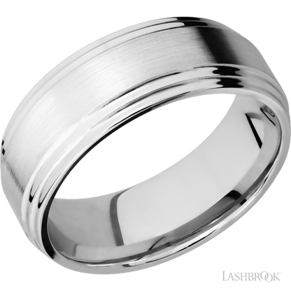 8 mm wide Flat Double Stepped Edges 14K White Gold band.