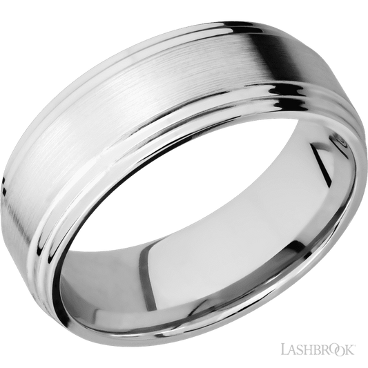 8 mm wide Flat Double Stepped Edges 14K White Gold band.