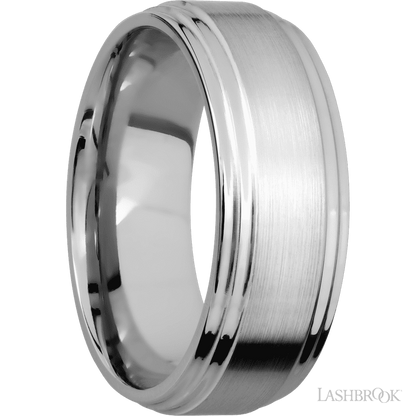 8 mm wide Flat Double Stepped Edges 14K White Gold band.