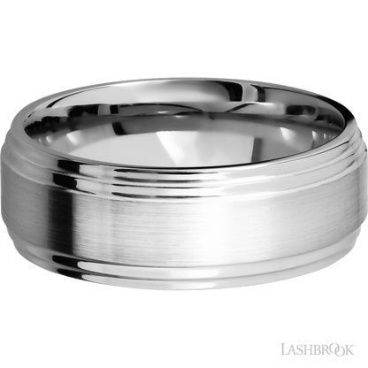 8 mm wide Flat Double Stepped Edges 14K White Gold band.
