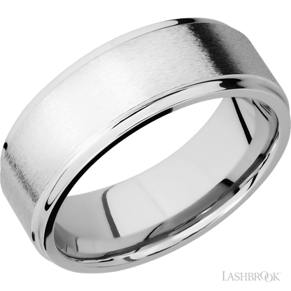8 mm wide Flat Grooved Edges 14K White Gold band.