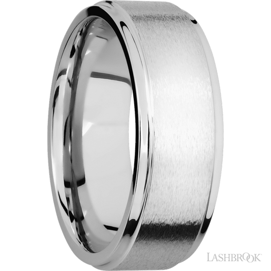 8 mm wide Flat Grooved Edges 14K White Gold band.