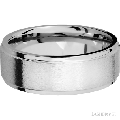 8 mm wide Flat Grooved Edges 14K White Gold band.
