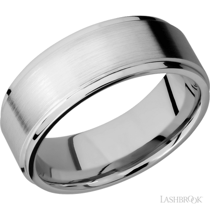 8 mm wide Flat Grooved Edges 14K White Gold band.