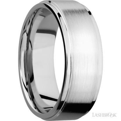 8 mm wide Flat Grooved Edges 14K White Gold band.