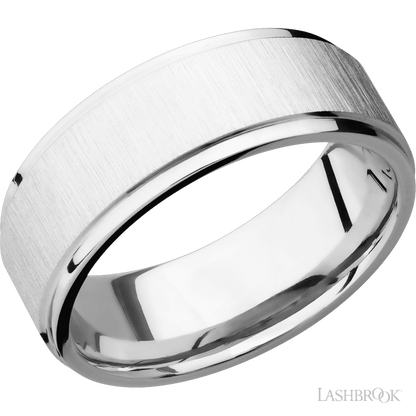 8 mm wide Flat Grooved Edges 14K White Gold band.
