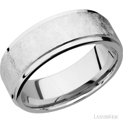 8 mm wide Flat Grooved Edges 14K White Gold band.