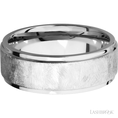 8 mm wide Flat Grooved Edges 14K White Gold band.