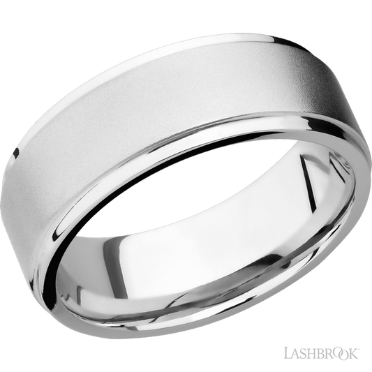 8 mm wide Flat Grooved Edges 14K White Gold band.