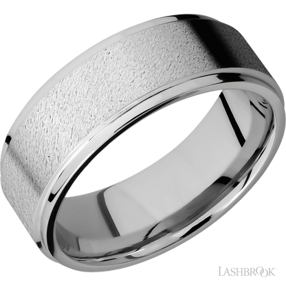 8 mm wide Flat Grooved Edges 14K White Gold band.