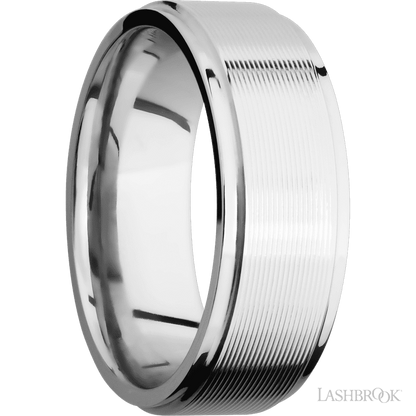8 mm wide Flat Grooved Edges 14K White Gold band.