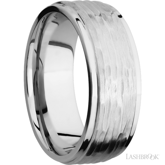 8 mm wide Flat Grooved Edges 14K White Gold band.