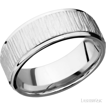 8 mm wide Flat Grooved Edges 14K White Gold band.