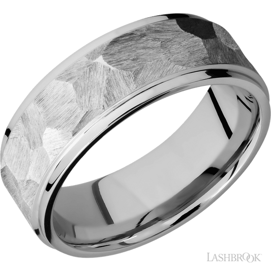8 mm wide Flat Grooved Edges 14K White Gold band.