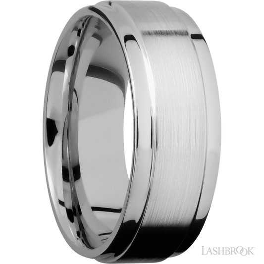 8 mm wide Flat Wide Grooved Edges 14K White Gold band.