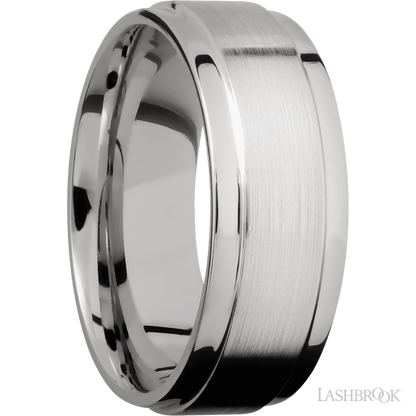 8 mm wide Flat Wide Grooved Edges 14K White Gold band.