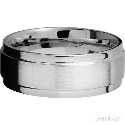8 mm wide Flat Wide Grooved Edges 14K White Gold band.