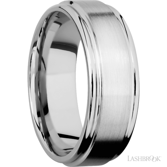8 mm wide Flat Rounded Edges 14K White Gold band.
