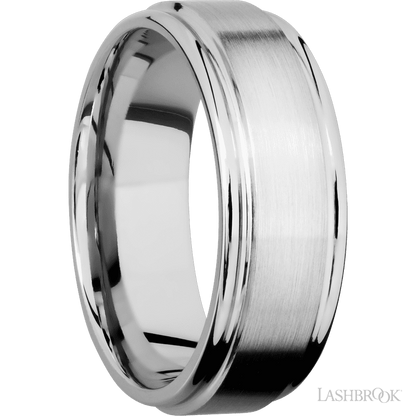 8 mm wide Flat Rounded Edges 14K White Gold band.