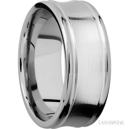 9 mm wide Concaved Center Round Edges 14K White Gold band.