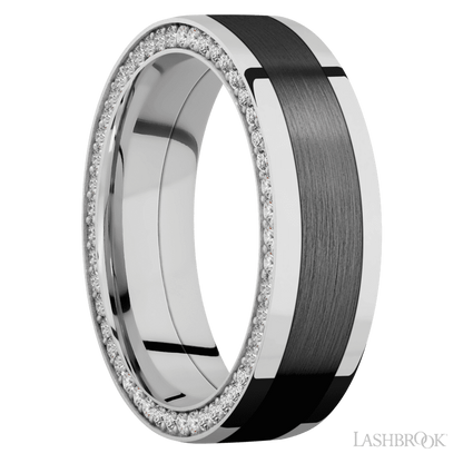 7 mm wide/Flat/14K White Gold band with  one 4 mm Centered inlay of Zirconium and featuring a Side Eternity arrangement of .01 carat Round Diamond stones in a Bead Channel setting