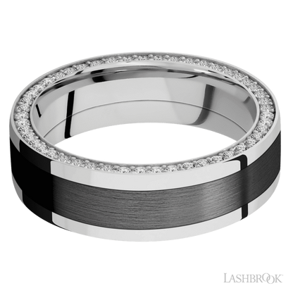 7 mm wide/Flat/14K White Gold band with  one 4 mm Centered inlay of Zirconium and featuring a Side Eternity arrangement of .01 carat Round Diamond stones in a Bead Channel setting