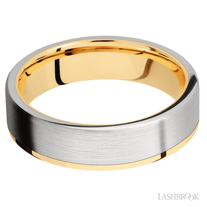 6 mm wide/Flat/14K Yellow Gold band with one 5 mm Off Center Edge inlay of Cobalt Chrome.