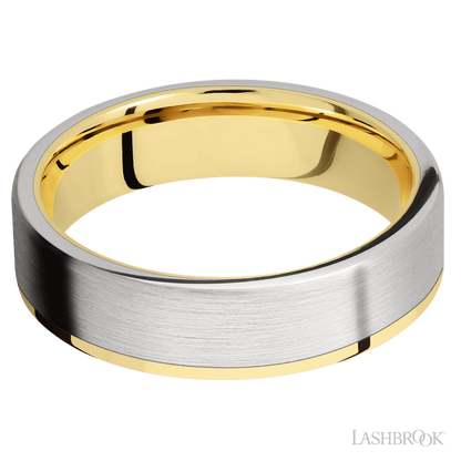 6 mm wide/Flat/14K Yellow Gold band with one 5 mm Off Center Edge inlay of Cobalt Chrome.