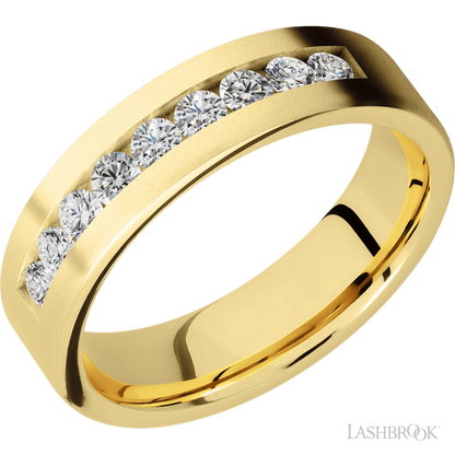 6 mm wide/Flat/14K Yellow Gold band with an  arrangement of 9, .07 carat Round Diamond stones in a Channel setting.