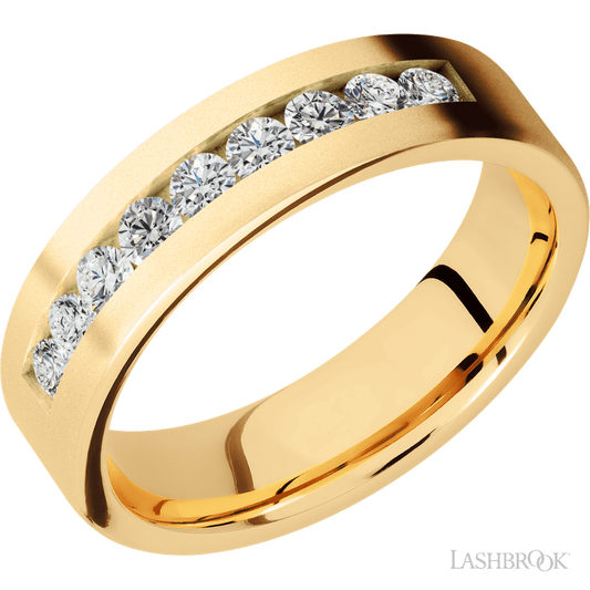 6 mm wide/Flat/14K Yellow Gold band with an  arrangement of 9, .07 carat Round Diamond stones in a Channel setting.