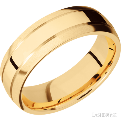 7 mm wide Domed with two accent grooves 14K Yellow Gold band.