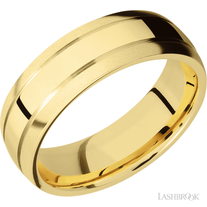 7 mm wide Domed with two accent grooves 14K Yellow Gold band.