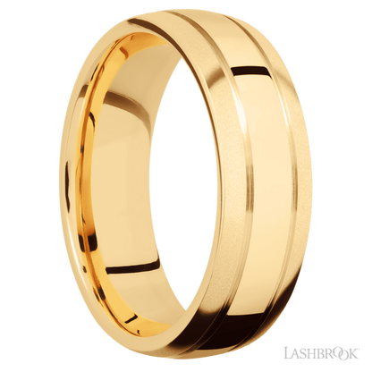 7 mm wide Domed with two accent grooves 14K Yellow Gold band.
