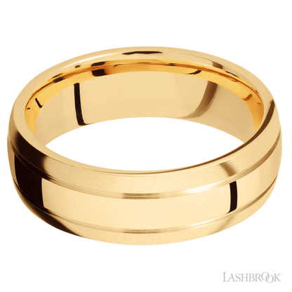 7 mm wide Domed with two accent grooves 14K Yellow Gold band.