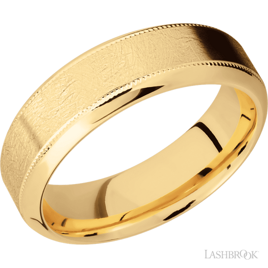 7 mm wide High Bevel Milgrain 14K Yellow Gold band.