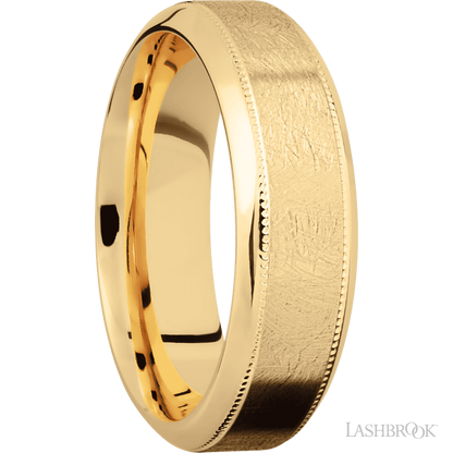 7 mm wide High Bevel Milgrain 14K Yellow Gold band.