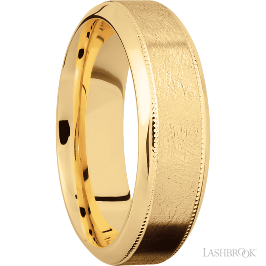 7 mm wide High Bevel Milgrain 14K Yellow Gold band.