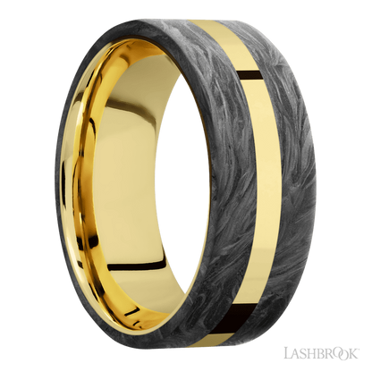 8 mm wide/Flat/14K Yellow Gold band with two 3 mm Double Off Center Edge inlays of Forged Carbon Fiber.