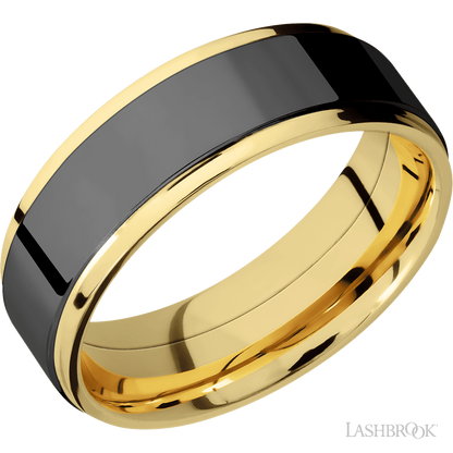 7 mm wide/Flat Grooved Edges/14K Yellow Gold band with one 5 mm Raised Centered inlay of Zirconium.