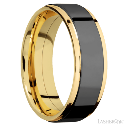 7 mm wide/Flat Grooved Edges/14K Yellow Gold band with one 5 mm Raised Centered inlay of Zirconium.